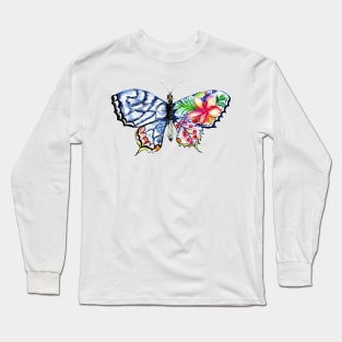 Painted blue butterfly with flowers Long Sleeve T-Shirt